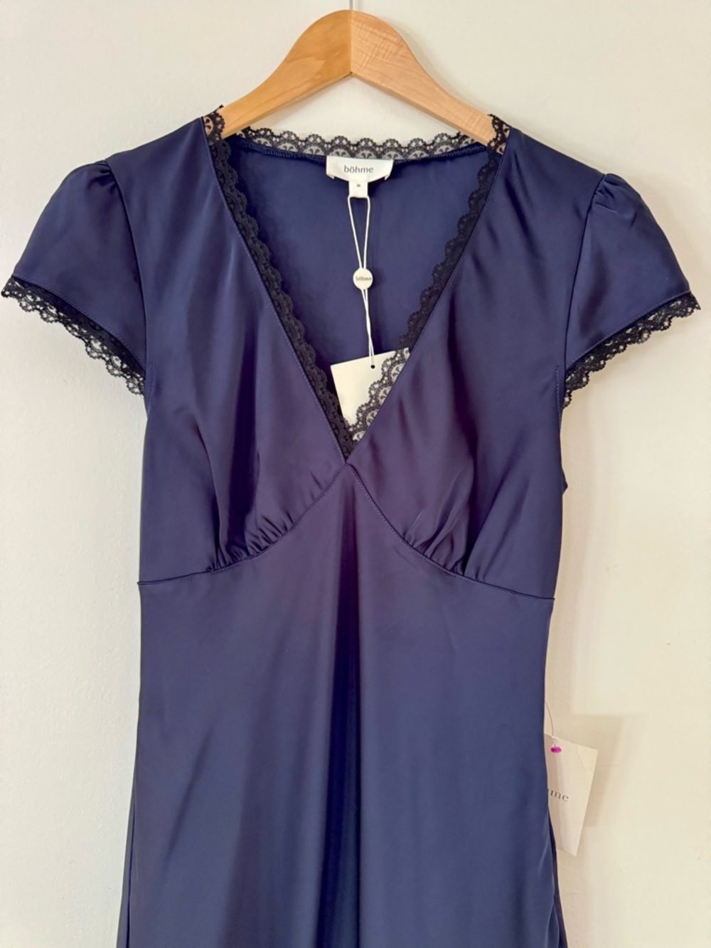 NWT bohme Wrenna Satin Maxi Dress Navy Lace-Trim Maxi Dress, Size M - Picture 9 of 15